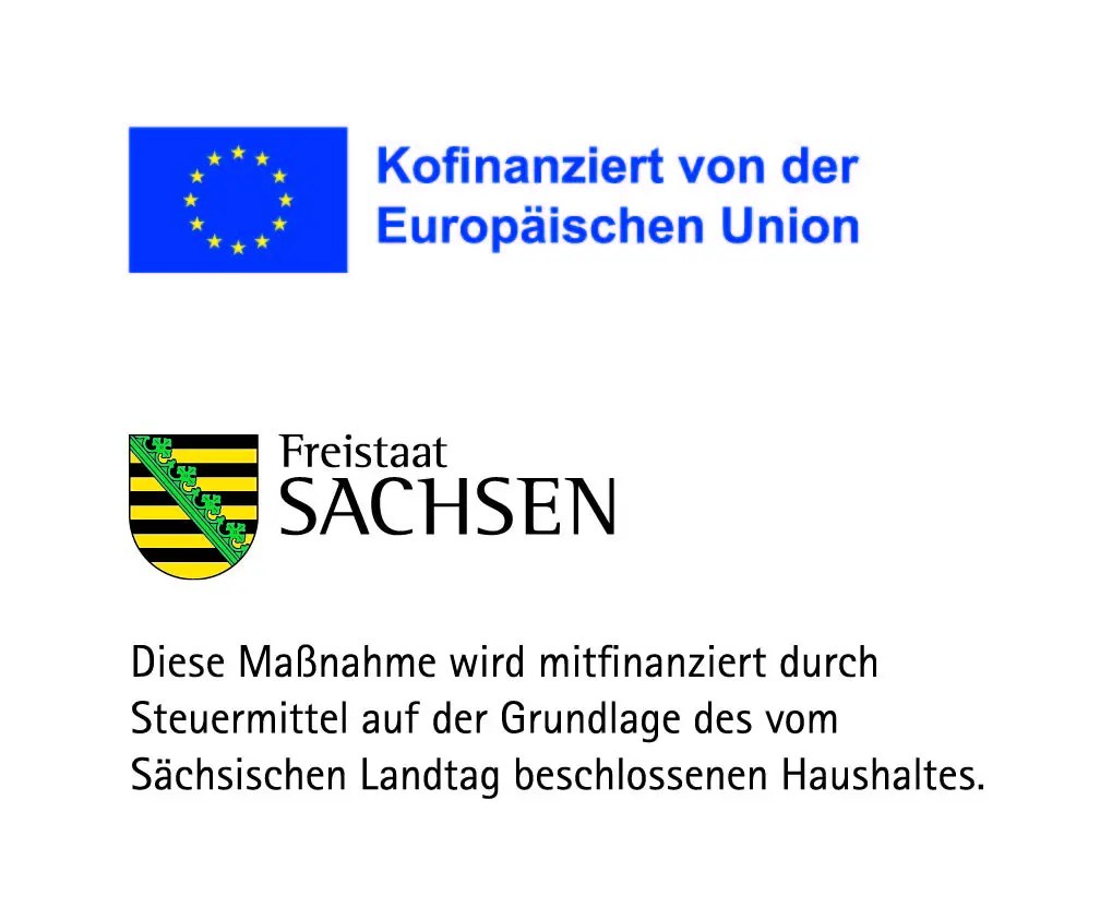 EU-Logo + Freistaat Sachsen-Signet zur Förderung
